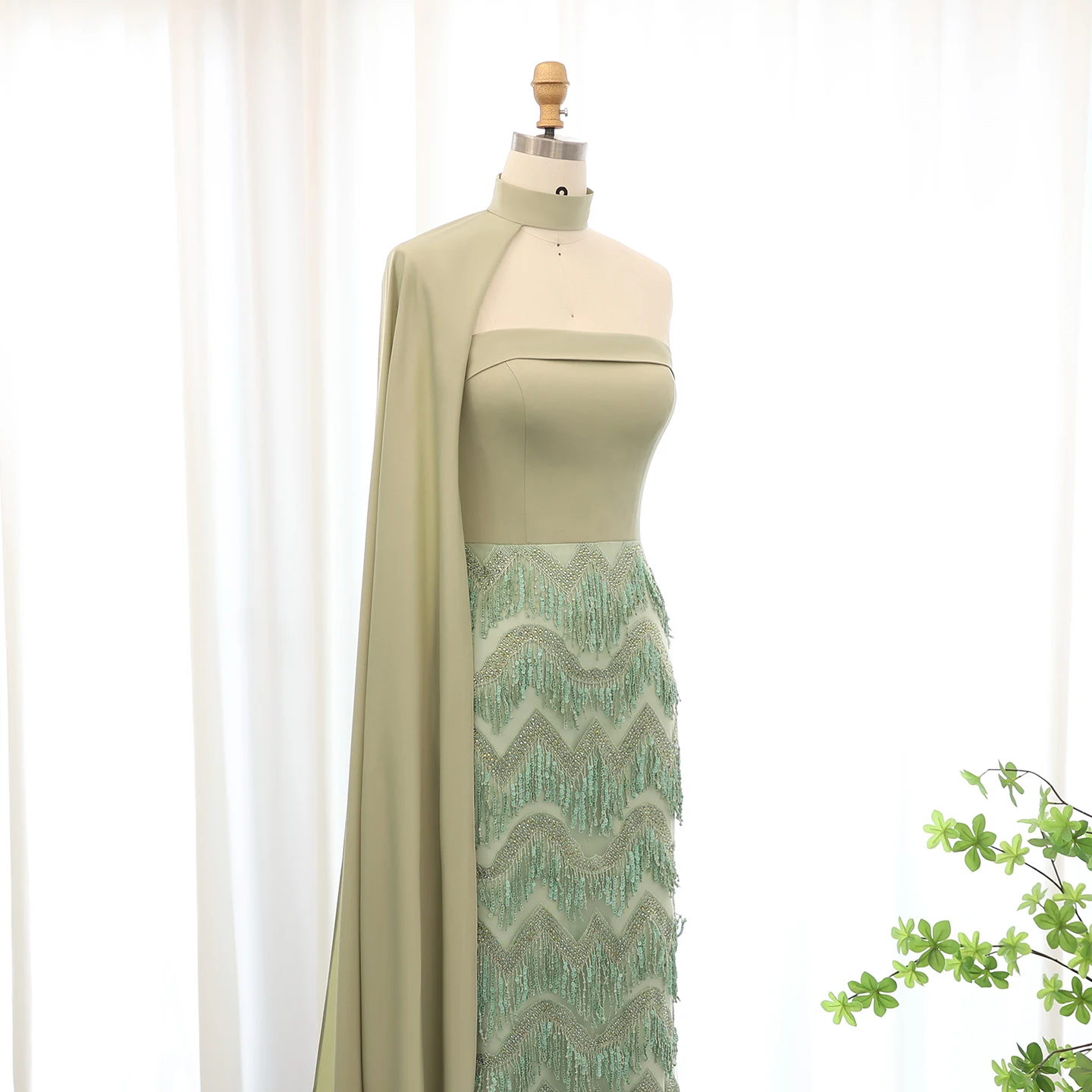 Sharon Said Dubai Blaues Zweiteiliges Abendkleid, Luxuriöses Hochgeschlossenes Perlenbesetztes Quastenkleid, Formelle Damen-Ballkleider SS143, Maßanfertigung – Detail 15