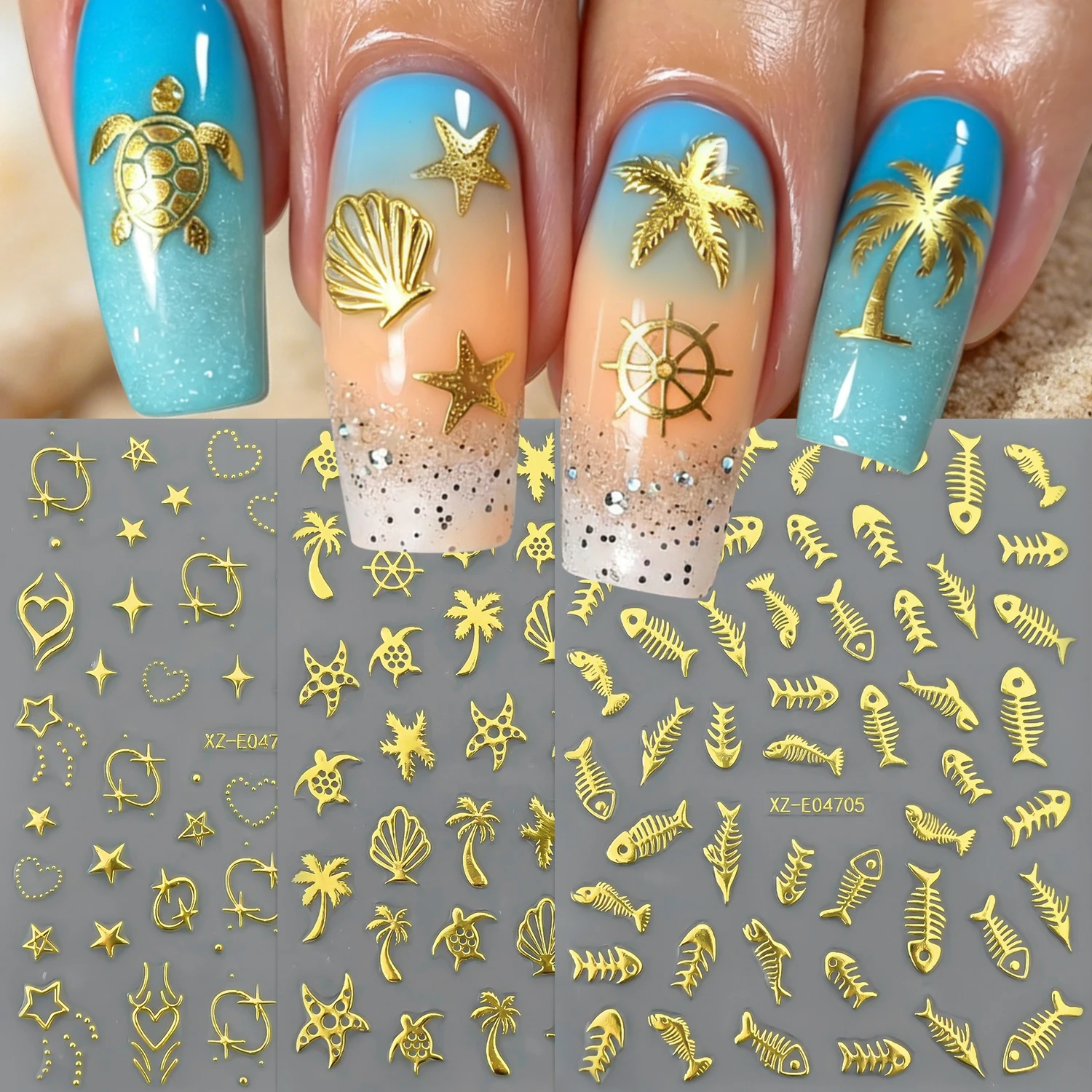 6Pcs Golden Ocean Beach Nail Stickers Palm Starfish Turtle Shell Wheel Fish Nails Decals Self Adhesive Summer Manicure Sliders 1