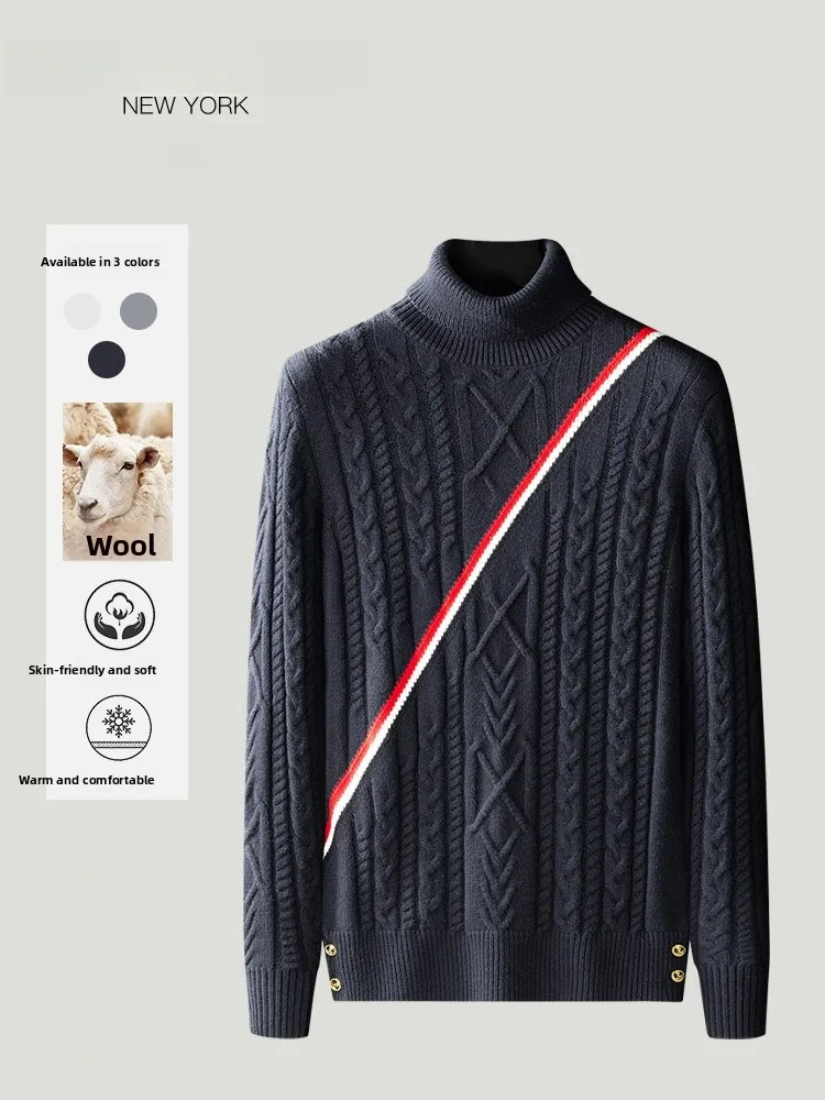 

Мужской зимний свитер из толстой шерсти с высоким воротником, отложным воротником, в полоску, с цветовыми блоками, повседневный, комфортный крой
