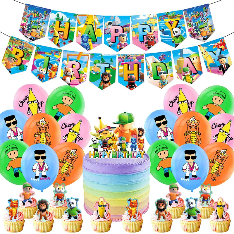 Ensemble de décoration d'anniversaire Stumble Guys : bannière, ballons, décoration de gâteau, kit de décoration de dessins animés pour les anniversaires et les célébrations festives