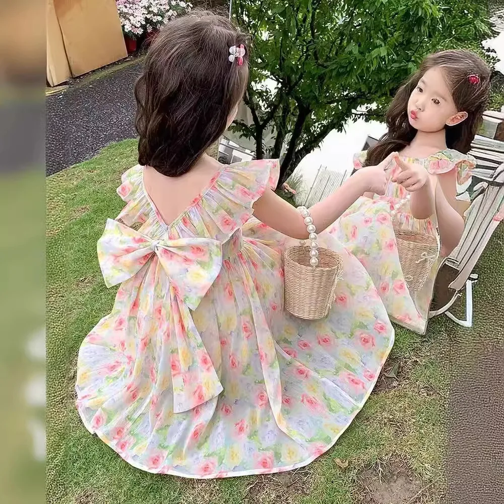 Girls' floral sleeveless vest dress with bow 2025 summer dress chiffon baby girl princess dress