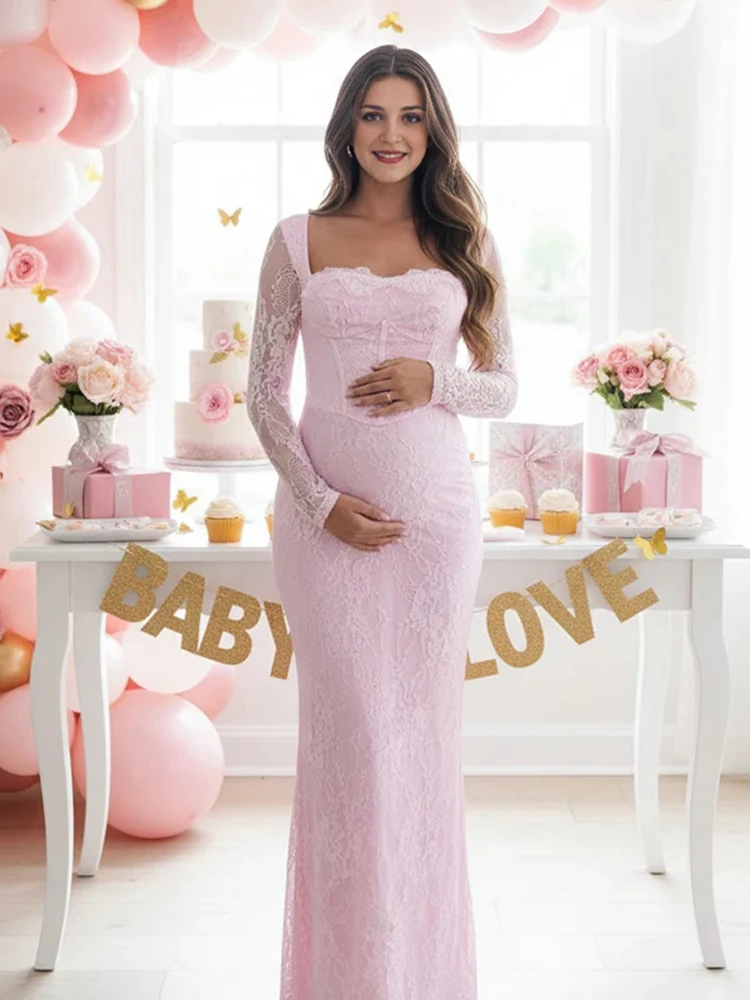 Vestido de encaje para sesión de fotos de maternidad, vestido largo transparente de manga larga, traje elegante para embarazo, ropa para revelar el género para Baby Shower