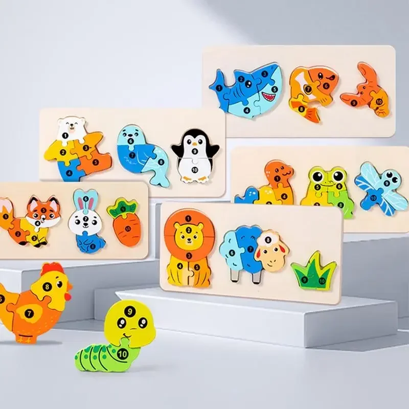 Puzzle in legno Giocattoli per bambini Catena di cibo per animali Montessori Leone Orso Palmare a mano Giochi educativi in legno Matiching Regalo per bambini