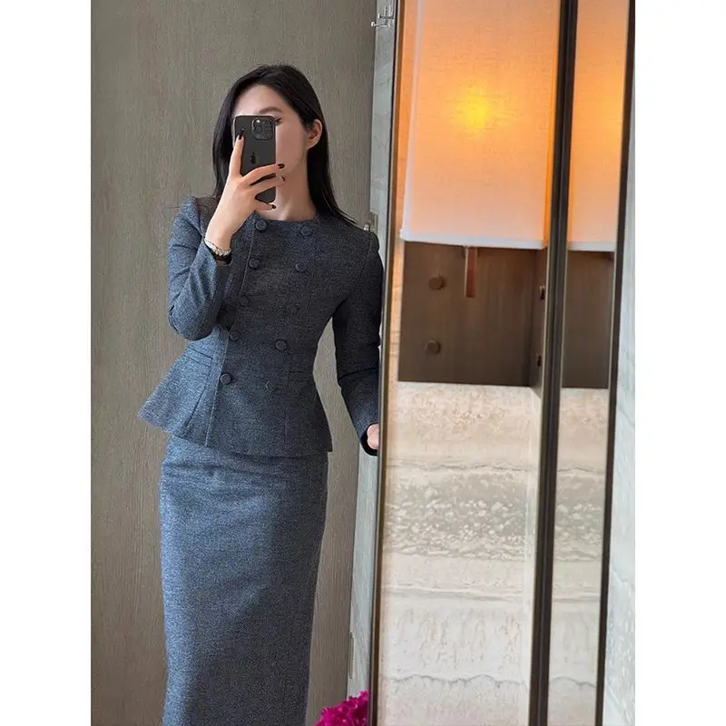 

Autumn Winter New Retro Slim Fit Double-breasted Suit Jacket High Waist Wrap Hip Long Suit Skirt Set Two Piece Set Women Outfits