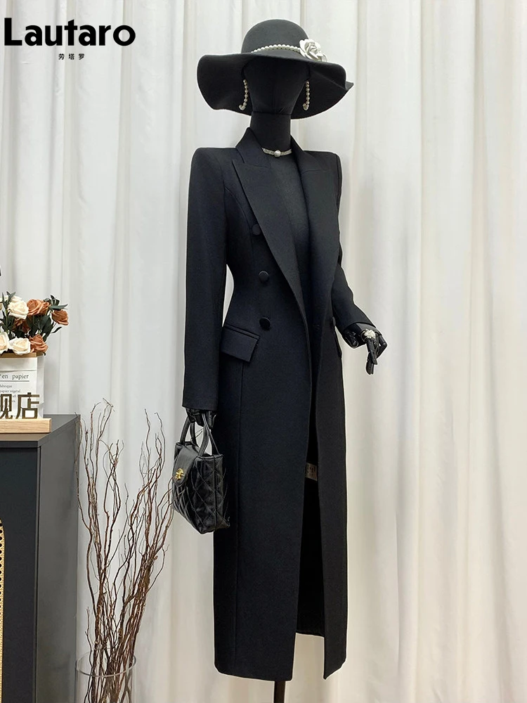 Lautaro Spring Autumn Long Black Fitted Blazer Coat for Women Double Breasted Elegant Luxury Chic European Fashion Overcoat 2025