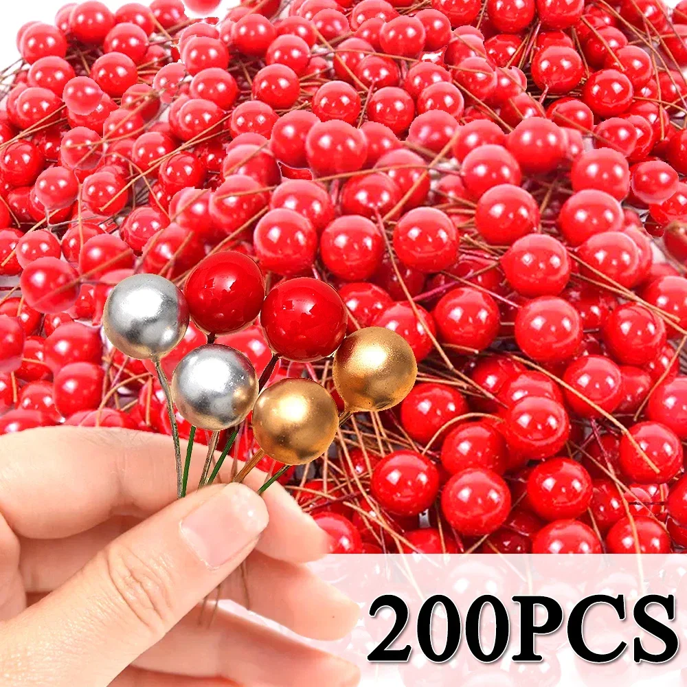 200/100/50Pcs Christmas Berries Simulation Berry Artificial Flower Red Fruit Cherry Plants Home Christmas Party DIY Decoration