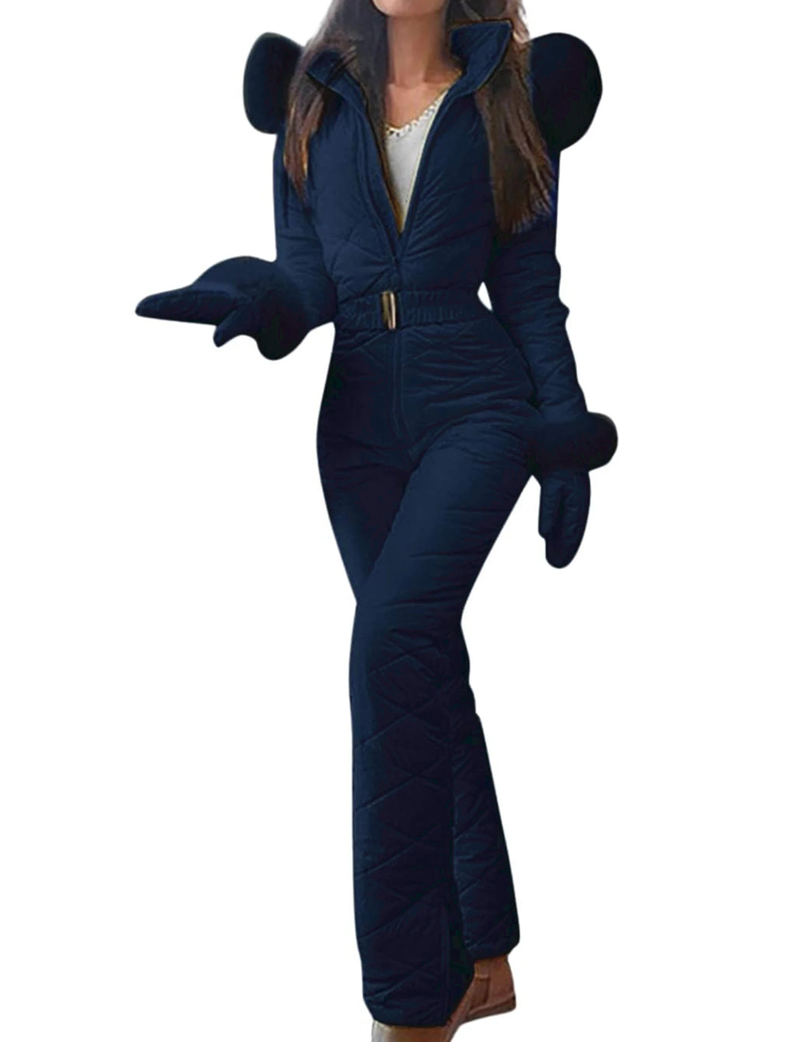 ชุดสกีสำหรับผู้หญิงปี 2025 ชุดกันหนาวสำหรับเล่นหิมะ ชุดสโนว์สูทสำหรับผู้หญิงพร้อมถุงมือ ฮู้ดกันลม ชุดสกีพร้อมซิปเอวยางยืด