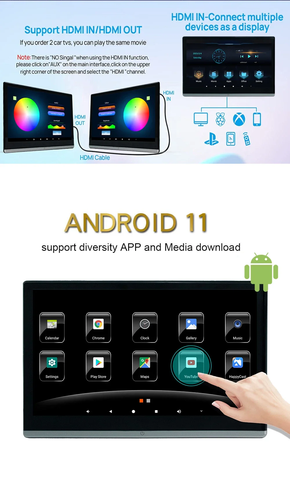 8-Core 13.3 Inch Rear Seat Car Monitor Android Headrest IPS Touch Screen for Bluetooth USB 4K Support HD Input Stereo Entertainm