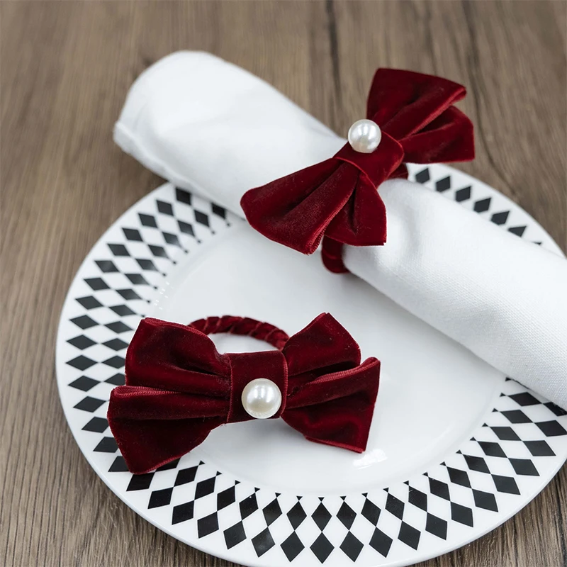 Set of 6 Bowknot Napkin Rings Valentine's day Pearl Napkin Holder Serviette Buckles for Wedding Party Banquet Dinner Table Decor