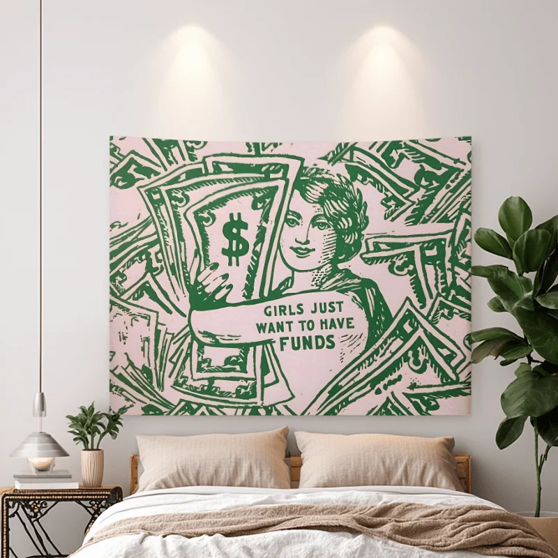 VIKAMA Retro Print Tapestry Girls Just Want To Have Funds Vintage Dollar Lady Wall Hanging Bedroom Dorm Background Decor