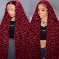 99J rojo Borgoña color onda profunda 13x4 encaje Frontal cabello humano birmano rizado 200 densidad HD peluca Frontal de encaje prearrancado para mujeres