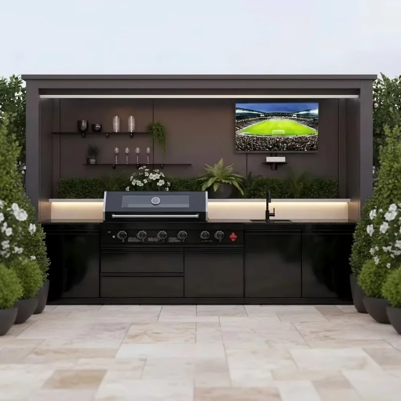 Customized  Outdoor Kitchen Unit BBQ Island Cart with Side Table Rolling Workstation Multi-Functional Patio Grill Station
