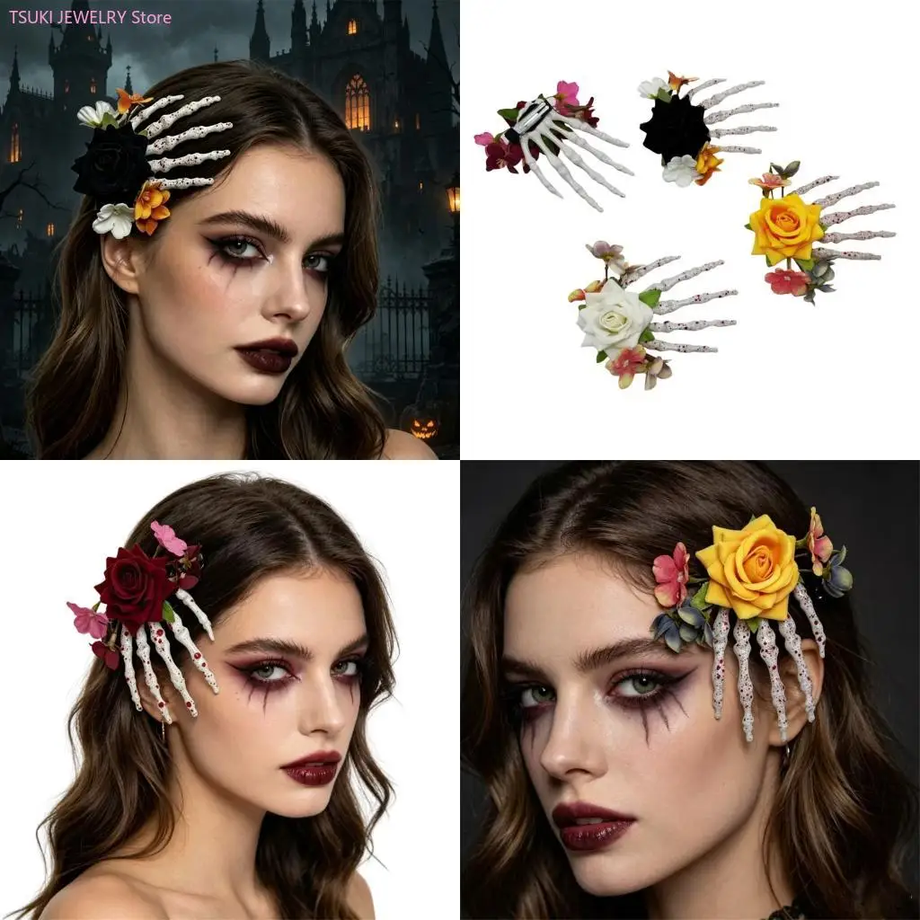 62KE Halloween Rose Skull Hand Bone Hair Clip Gothic Accessory Barrette For Women Men Kids Party Costume