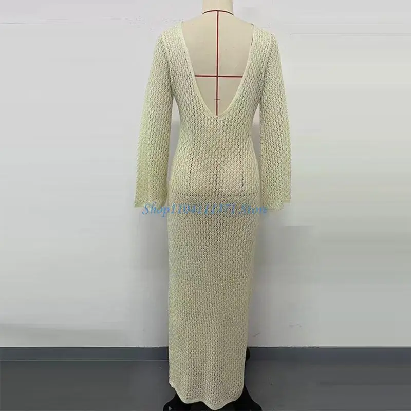 P9FC Backless Full Length Beach Coverup Dress, Long Sleeve Swimwears Coverup Dress for Pool Beach Parties