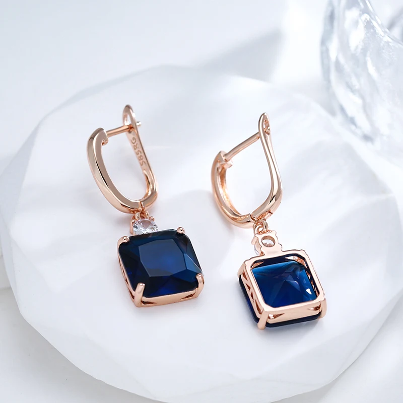 Kinel New Square Dark Blue Long Dangle Earrings for Women 585 Rose Gold Color Natural Zircon Wedding Earrings Daily Jewelry