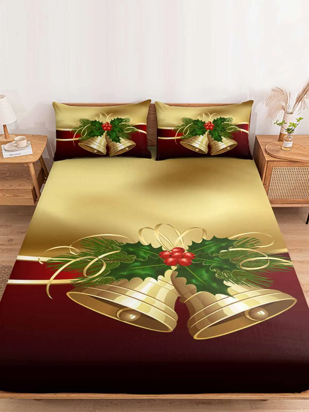 

Christmas Bell Ribbon Fitted Sheet with Elastic Bands Non Slip Adjustable Mattress Covers For Single Twin King Bed