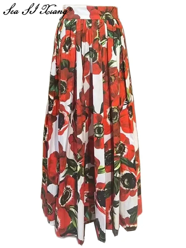 Seasixiang Fashion Designer Spring Summer Elegant Party Skirt Women High Waiste Floral Print 100% Cotton Slit Long Skirt