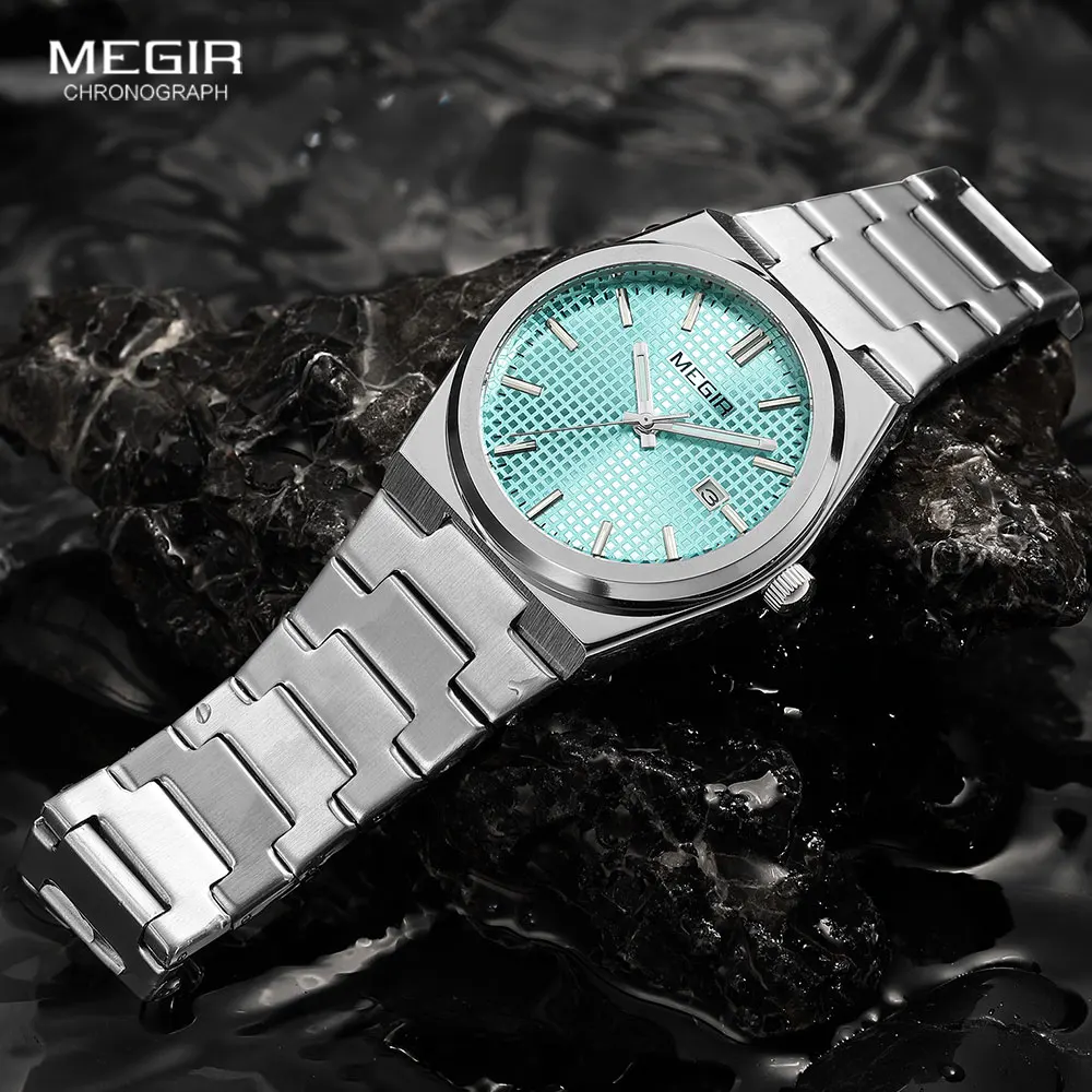MEGIR Fashion Analog Quartz Watch for Men Steel Strap Dress Waterproof Luminous Wristwatch with Calendar Aquamarine Dial 1086