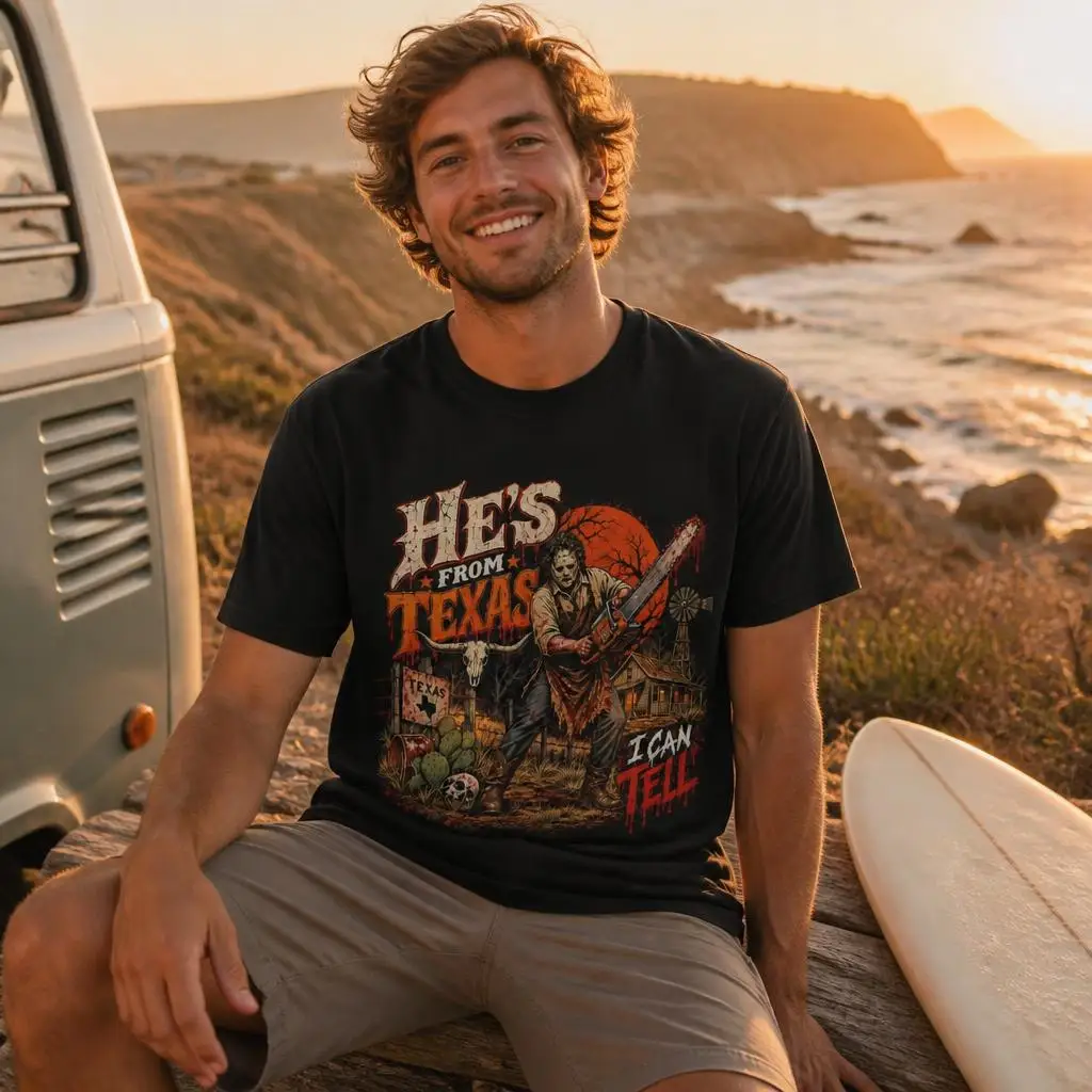 Ich kann erkennen, dass er aus Texas ist. Chainsaw Horror Halloween T-Shirts, lässige T-Shirts, kurzärmelige T-Shirts mit Rundhalsausschnitt, T-Shirts aus reiner Baumwolle. – Detail 4