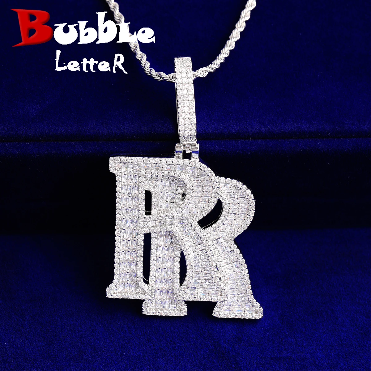 Bubble Letter Iced Out Baguette R Necklace Pendant for Men Real Gold Plated Hip Hop Jewelry