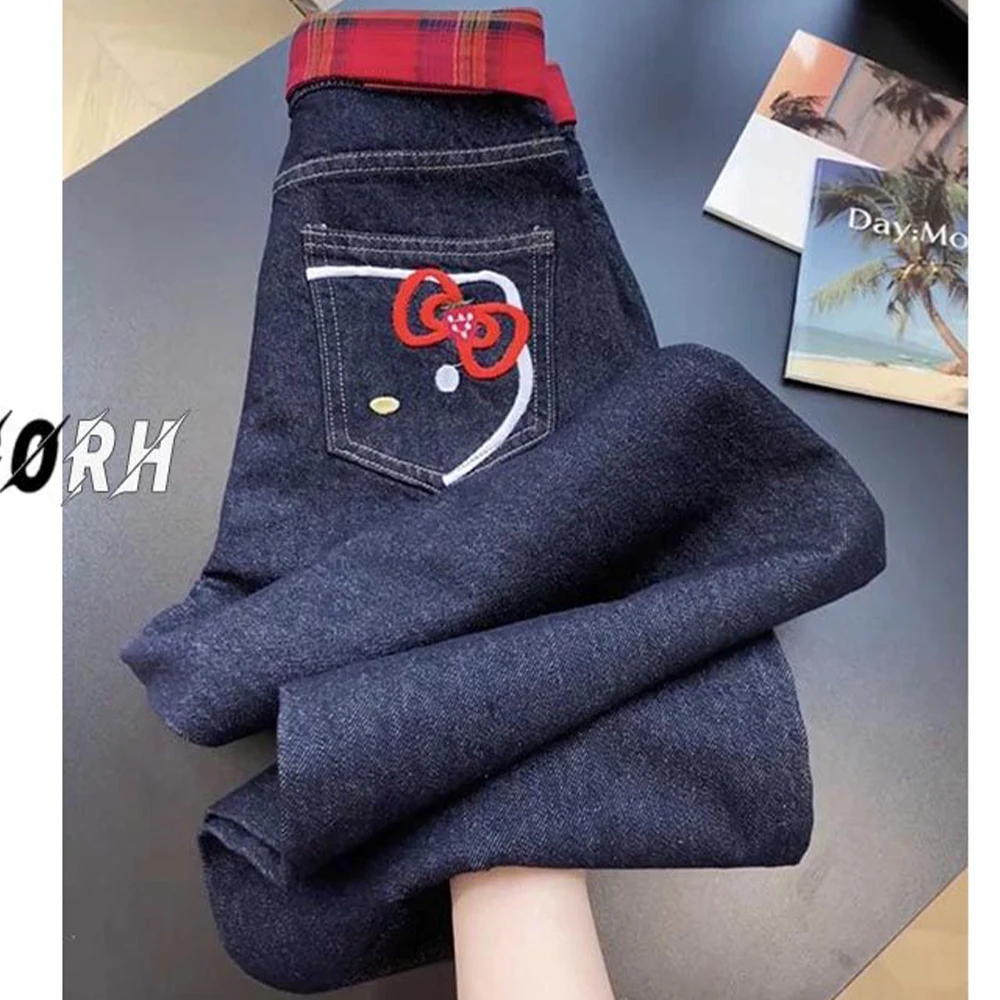 2025 جديد السراويل الطويلة الحلو الأمريكية الساخنة الفتيات مرحبا كيتي القط المطرزة الجينز لطيف المرأة السوداء مستقيم عالية الخصر واسعة الساقين