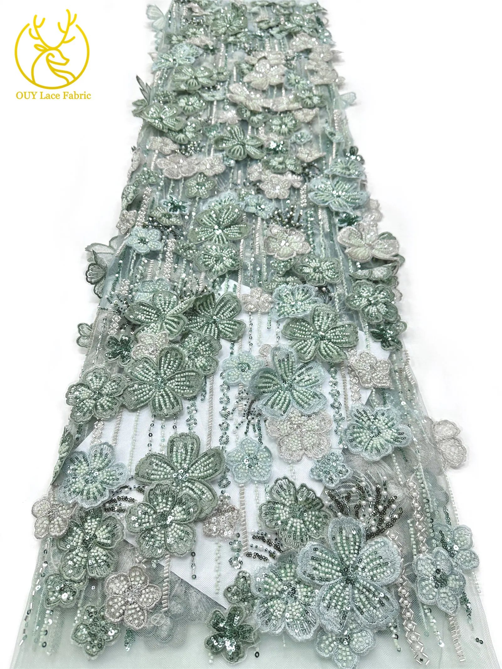 Maßgefertigter Luxus 3D Handbestickter Blumen-Spitzenstoff Hochwertige Afrikanische Perlen-Pailletten-Spitze für Hochzeitskleider und Näharbeiten – Detail 19