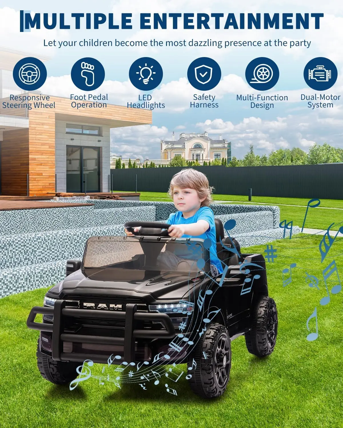 子供用乗用車 電動トラックカーおもちゃ リモコン付き、スプリングサスペンション、LEDライト、音楽、幼児向け男の子女の子3-8歳向け