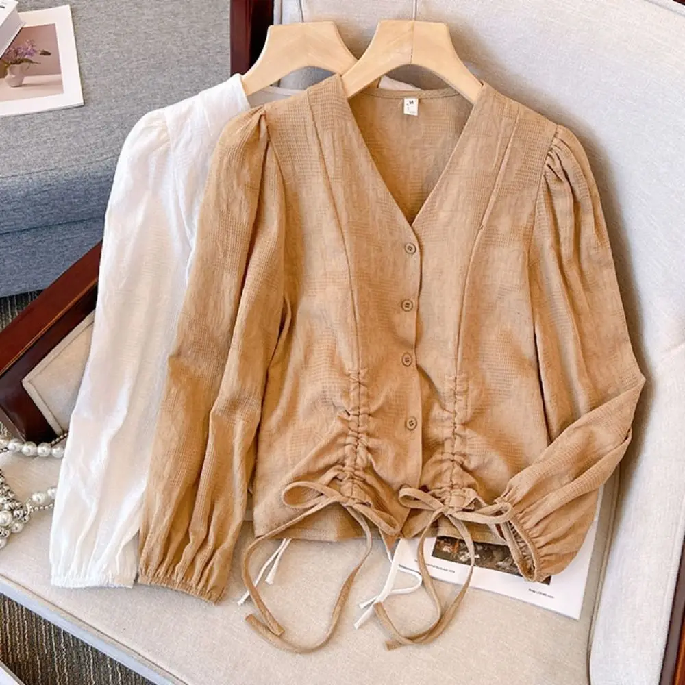 

Милая блузка на шнуровке с v-образным вырезом и завязками, нестандартные осенне-весенние рубашки с длинными рукавами, свободная женская рубашка в стиле ретро, топ для офиса