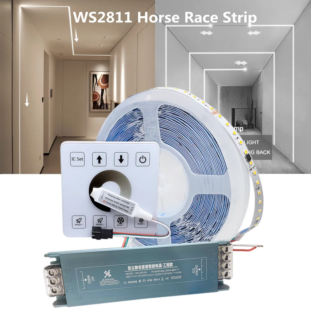 

DC 24V WS2811 Horse Race LED Strip Lights Running Water Flowing Wireless Controller 2835 120 With RF Touch Panel Controller