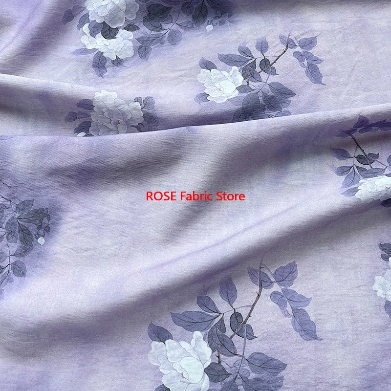 1 meter Purple Flower Brocade Cotton Fabric Digital Printing for Dresses Skirt DIY Handmade Designer Sewing Cloth