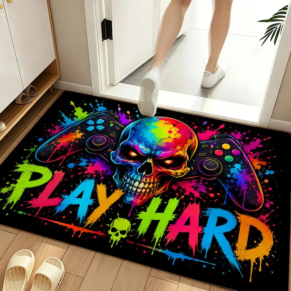 Neon Gamer Skulls Controllers Arcade Graffiti Art Floor Mat Soft Flannel Non Slip Absorbent Entryway Bathroom Bedroom Garage
