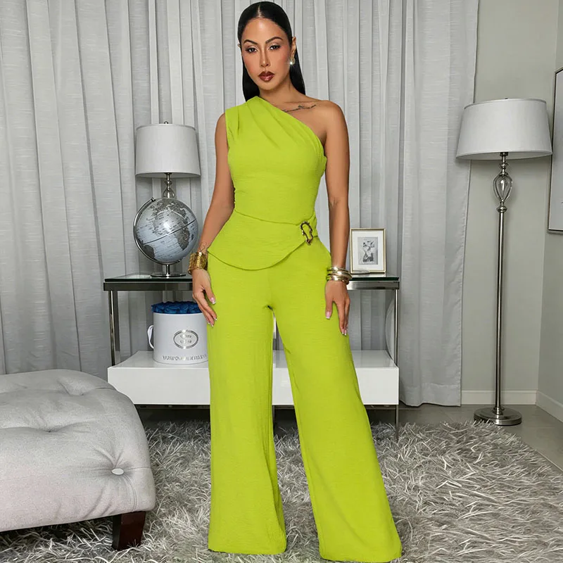 

Doyerl Solid 2 Pieces Set for Woman Outfit Summer Clothes Elegant One Shoulder Metal Button Top and Wide Leg Pants Matching Sets