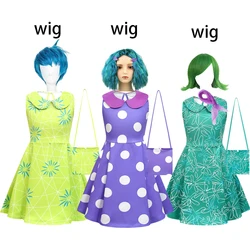 Movie Inside Out Girls Dress Joy Envy Cosplay Costume for Kids Toddler Girls Sleeveless Dress Wig Suits Halloween Party Vestido