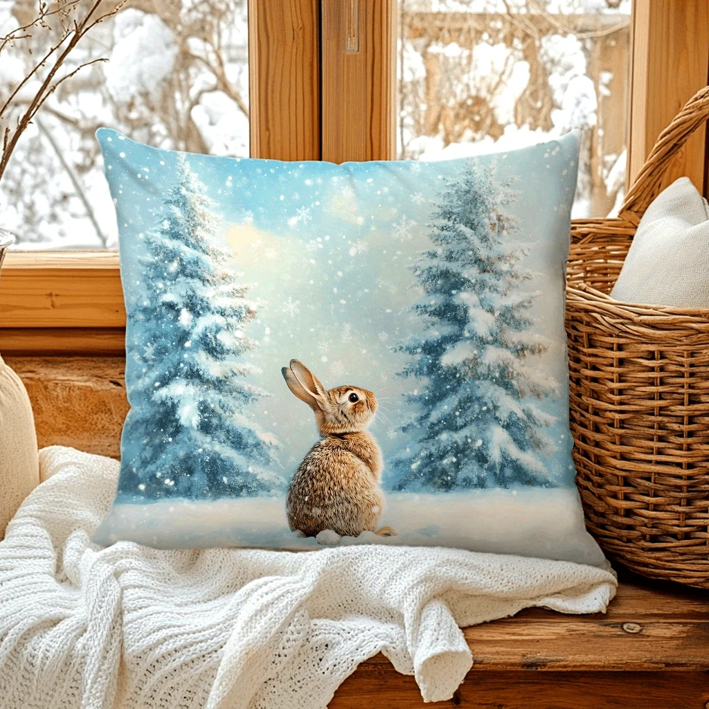 1pc, Winter Pine Tree Snow Rabbit Peach Skin Plush Pillow Cover, Single-Sided Print (17.71In*17.71In/45Cm*45Cm) For Comfortable