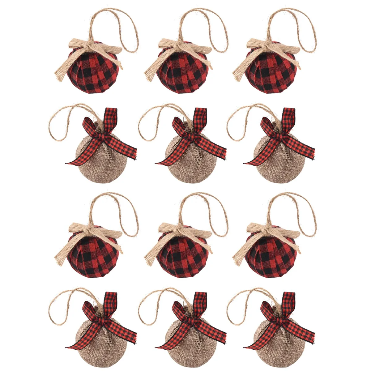 Christmas Tree Ornaments, 12 Pcs 2-1/2 Inches Red Black Buffalo Check Plaid Stitching Burlap Christmas Decorations