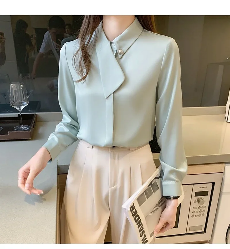 Women Long Sleeve Chiffon T-shirts 2023 Spring Autumn Turn Collar Office Lady Elegant Fashion Loose Tops Female Patchwork Tshirt