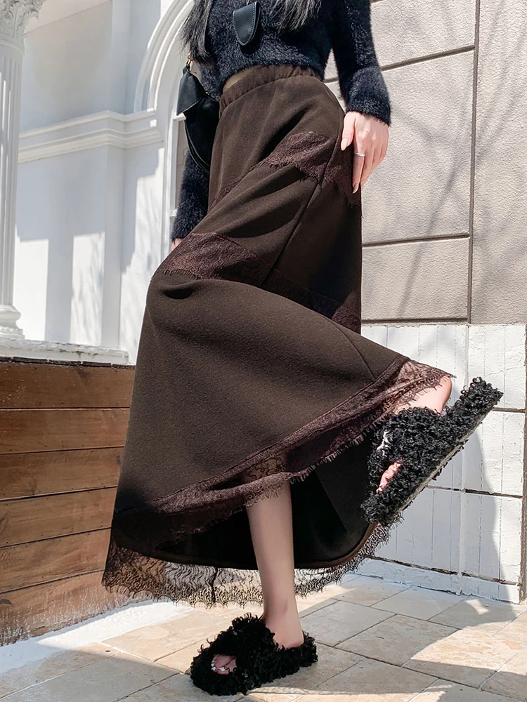 Spitze Spleißen Samt Halbrock Frauen im Herbst Winter hohe Taille Mode A-Linie große Schaukel entspannt Kuchen langen Rock