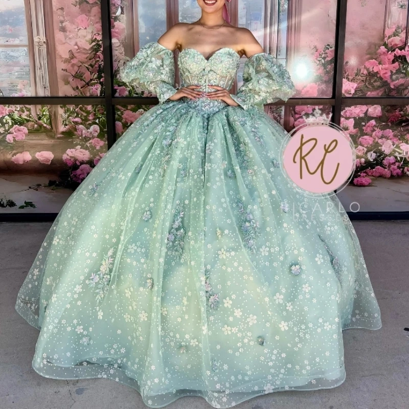 Sage Green Shiny Princess Ball Gown Quinceanera Dress Off The Shoulder Applique Lace Beads Tull Sweet 16 Dress Vestido De 15Anos