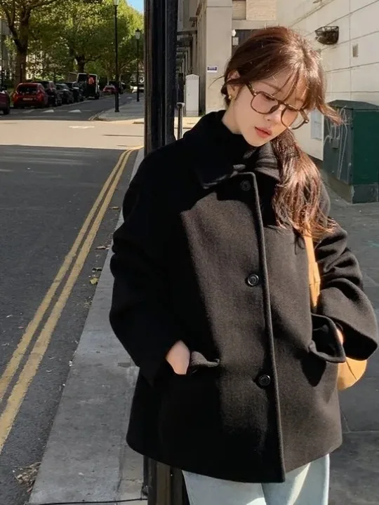 Zimowy płaszcz wełniany damski w stylu retro, brytyjski, z wysokim kołnierzem, zapinany na jeden guzik, uniwersalny płaszcz wełniany, luźny krój, idealny do dojazdów...