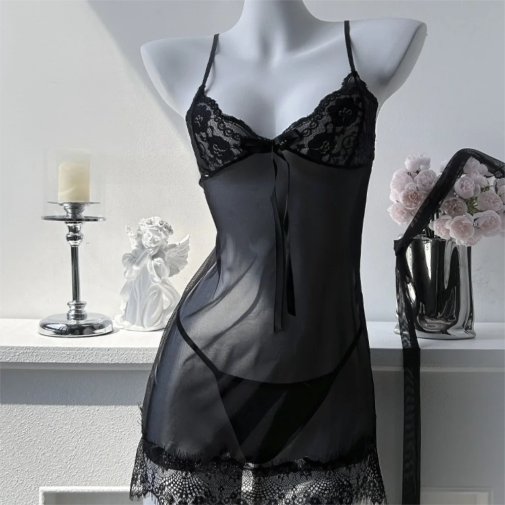 透明レースサスペンダー寝間着ディープ V ネックアイスシルクメッシュスリングネグリジェ女性ランジェリー背中の開いたパジャマローブセットホーム