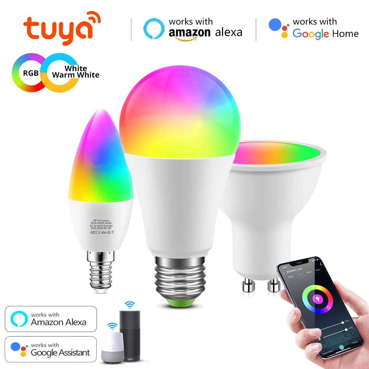 Bombilla LED inteligente con WiFi, lámpara regulable con Control por voz, funciona con Smart Life, Alexa, asistente de Google Home, Tuya E27/E14/GU10