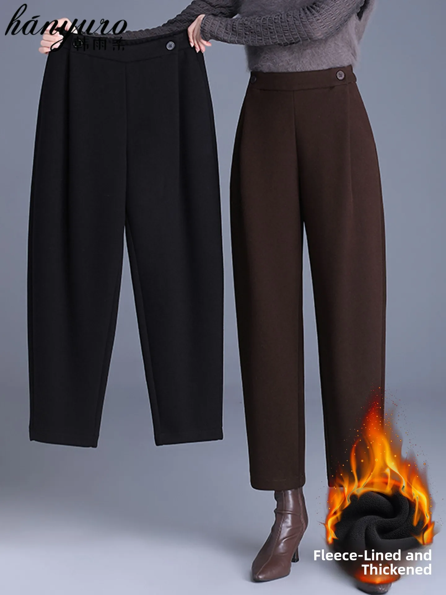 

Thiened Woolen Straight Leg Pants High Waist Warm Winter Trousers for Middle-Aged Women Fce Lined Slimming Pants