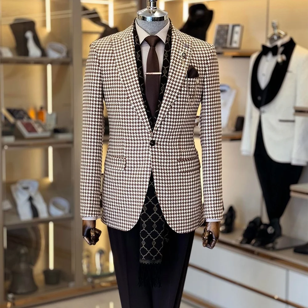 

Houndstooth Men's Suits 2 Pieces Business Peaked Lapel Formal Blazer Wedding Groom Party Prom Tuxedos Male Set Customized