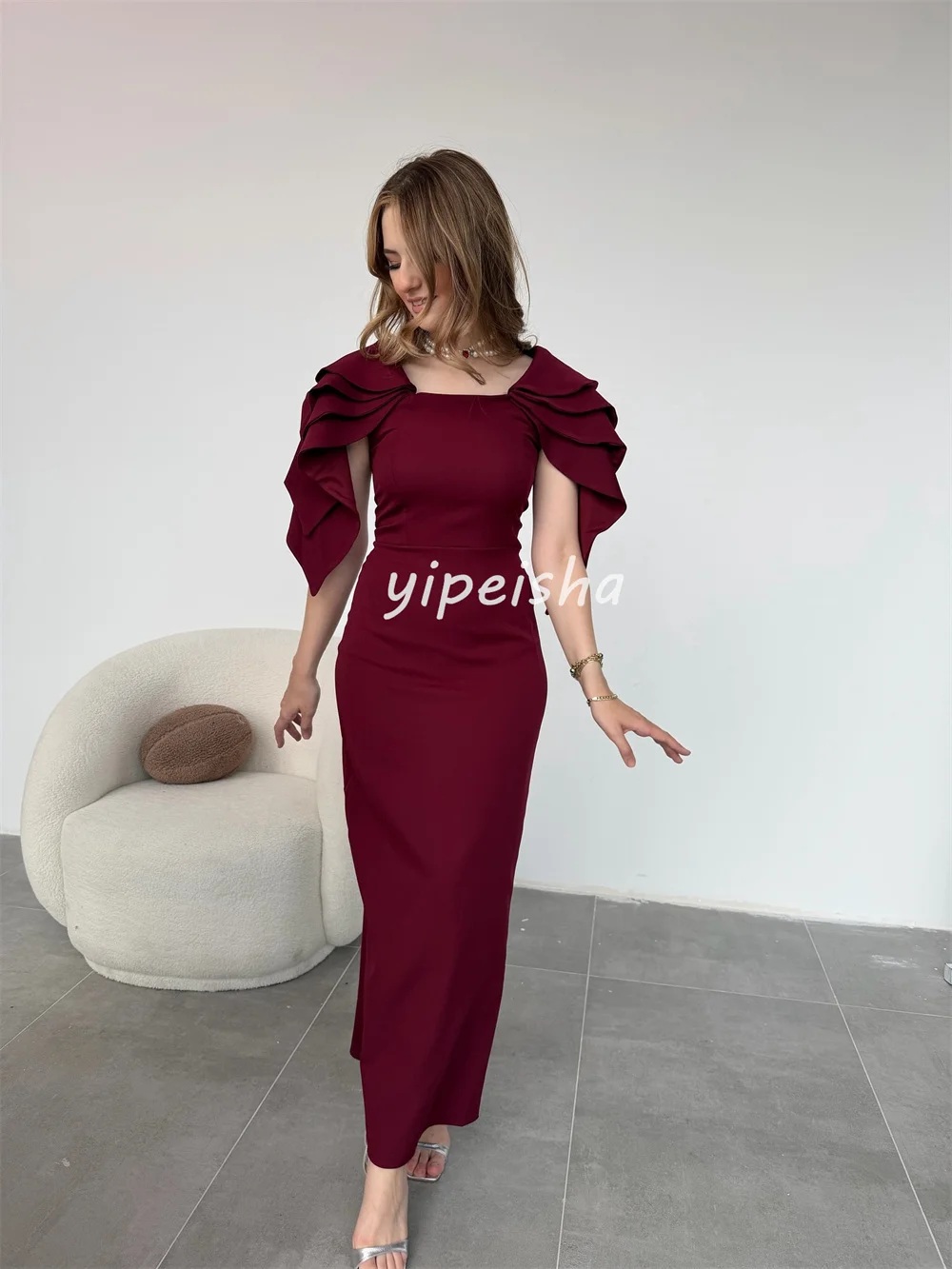 Customized Fashion Formal Jersey Pleat Tiered Straight Square Neck Midi Dresses Bespoke Occasion Dresses Exquisite High Quality