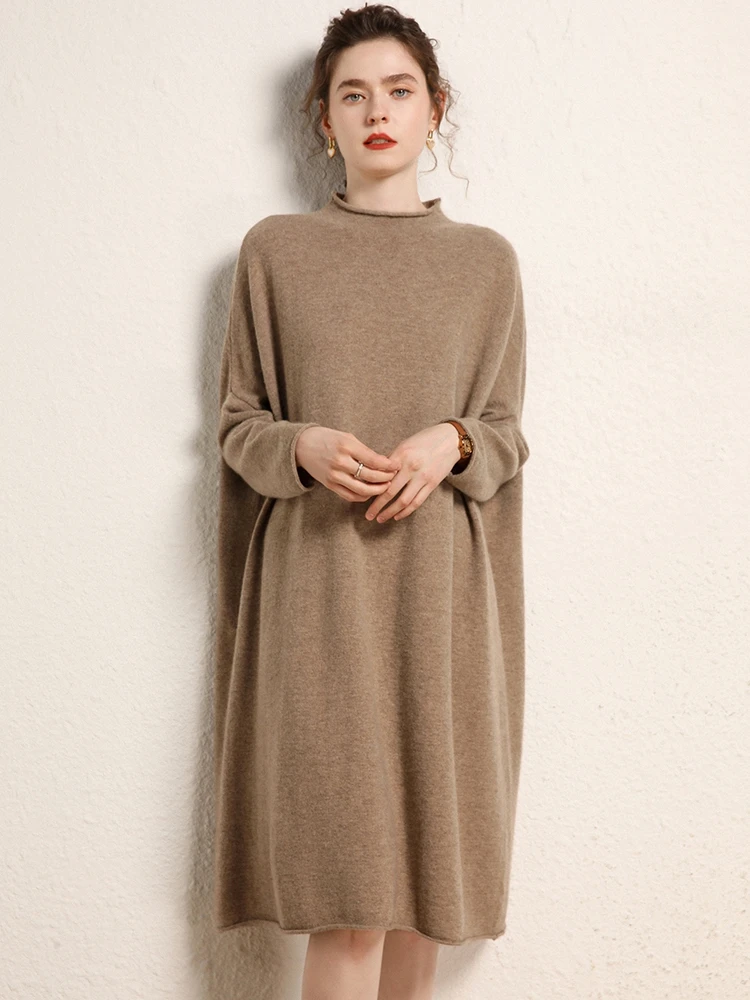 

Women's Cashmere Dress Sweater Mock Neck Pullover Straight Loose Skirts Autumn Winter Chic Batwing Sleeve 100% Cashmere Knitwear