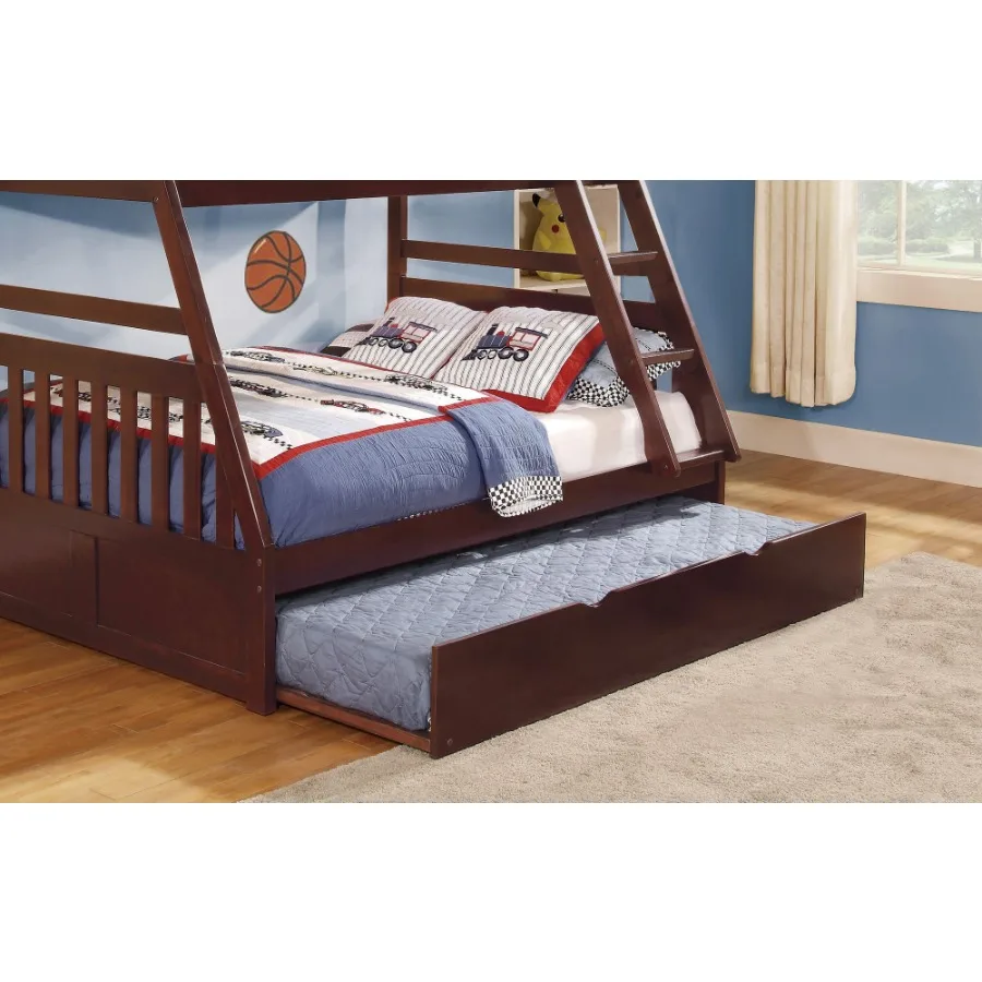 1pc Twin/Full Bunk Bed with Twin Trundle Dark Cherry Finish Wooden Bedroom Furniture