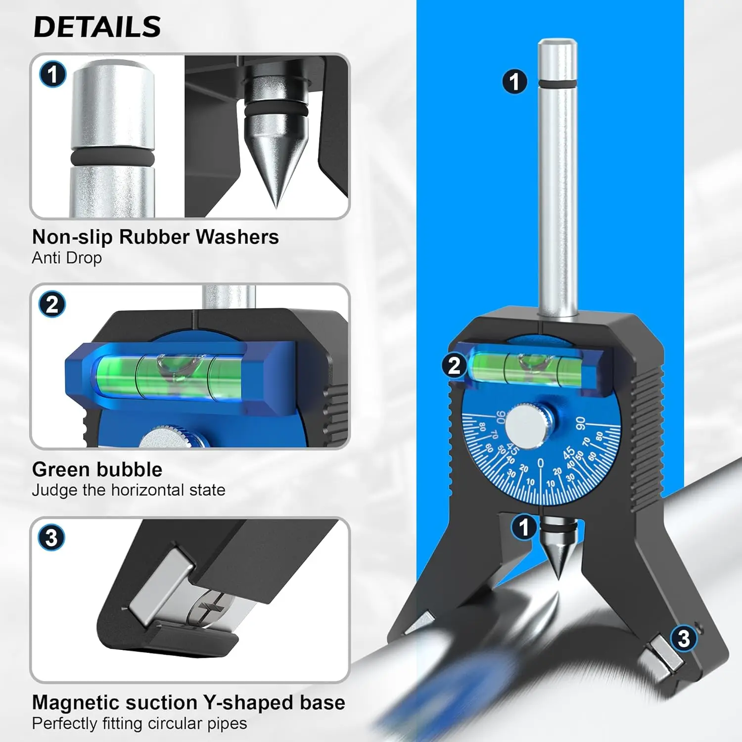 Pipe Marking Center Tool,Locate＆Mark the Center of Pipes 0.8in and Above, Y-shaped Base-Magnetic Design,Dial Bubble Protractor