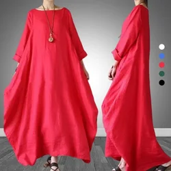Women Summer Thin Cotton Linen Loose Dress Literary Boho Long Sleeve Dress Lady Solid Color Robe Vintage Kaftan