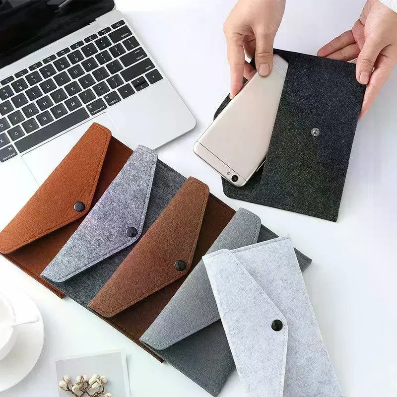 Felt Mobile Phone Pouch Envelope Style Snap Button Storage Bag Soft Anti Scratch Sleeve Unisex Retro Long Simple Wallet