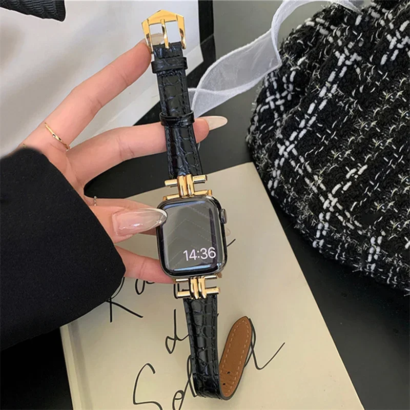 High Quality Leather Strap For Apple Watch Band 9 41mm 45mm 44mm 40mm 49mm Women Metal Bracelet For iWatch Series 8 7 6 5 4 3 SE